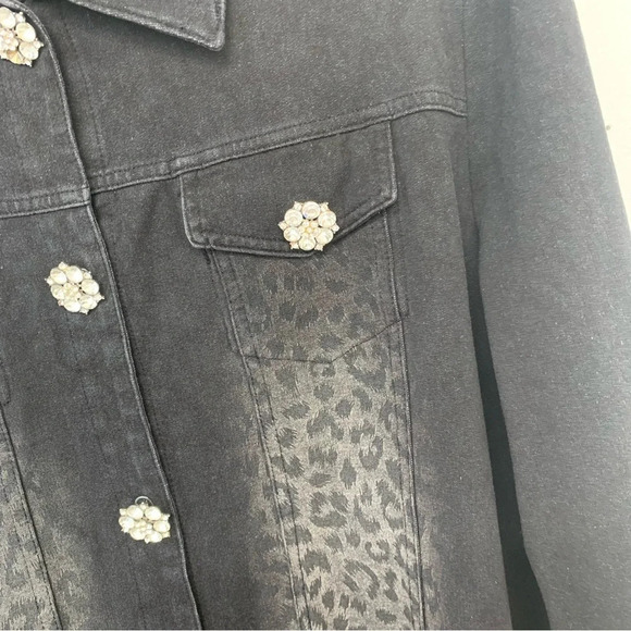 Quacker Factory Jacket XL Black Leopard Animal Print Sparkle Buttons Stretch - Picture 2 of 15